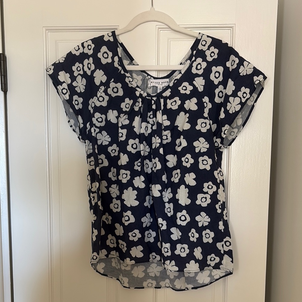 Apiece Apart Blue and White Ruffled Cap Sleeve Blouse